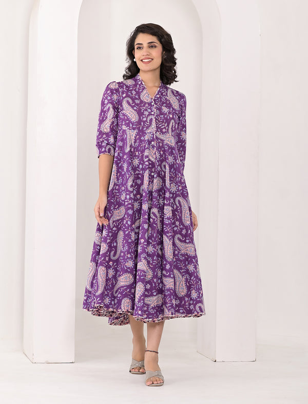 Purple Jaal Long Block Printed Cotton Dress