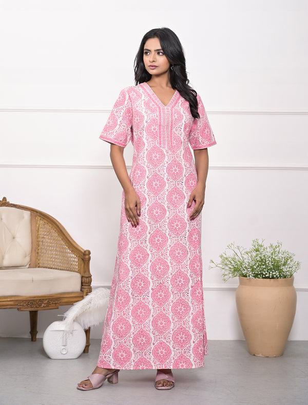 White Pink Cotton Comfortable Night Gown