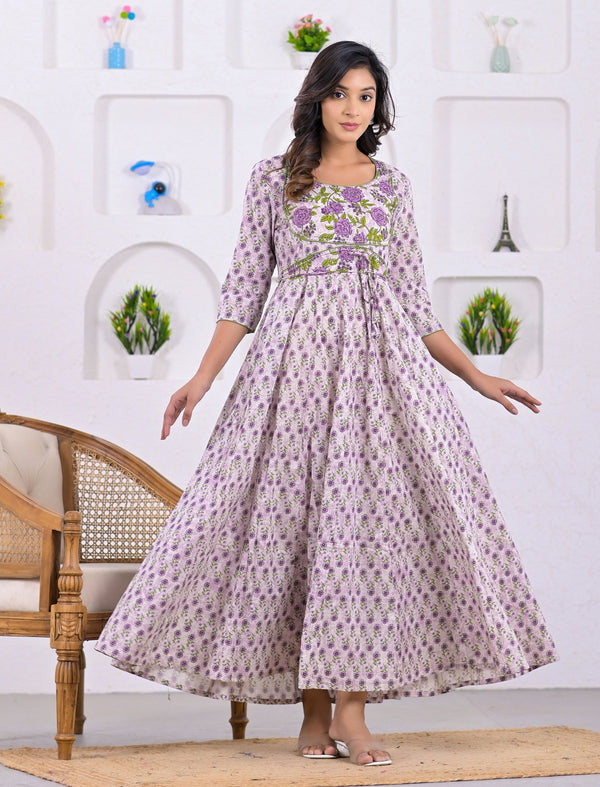 Hand Block Printed Purple Long Cotton Dress