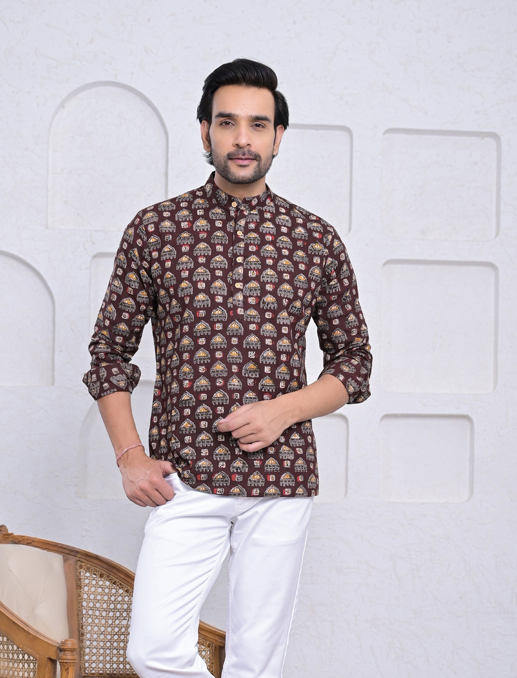 Cotton Printed Full Sleeves Short Kurta For Men