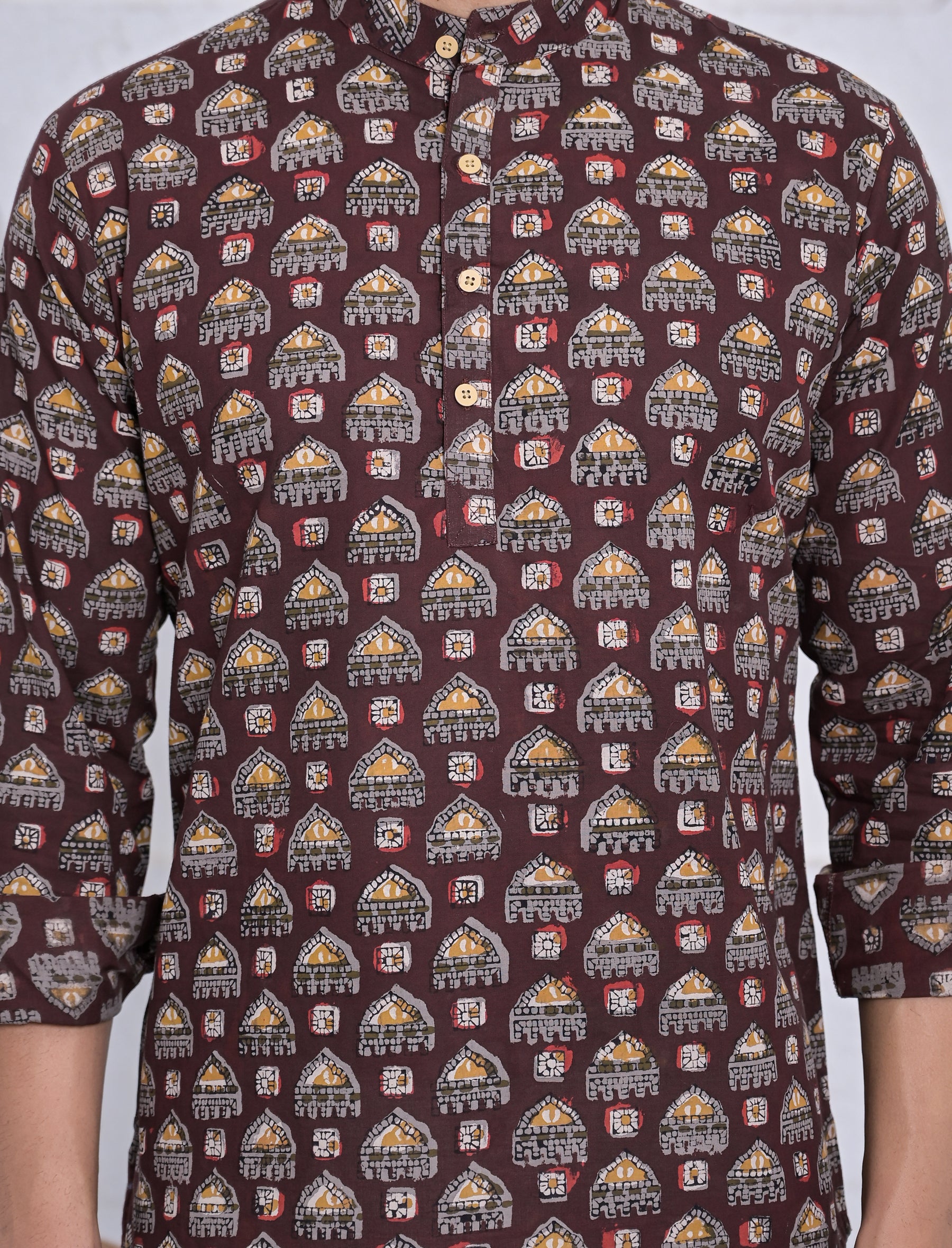 Cotton Printed Full Sleeves Short Kurta For Men