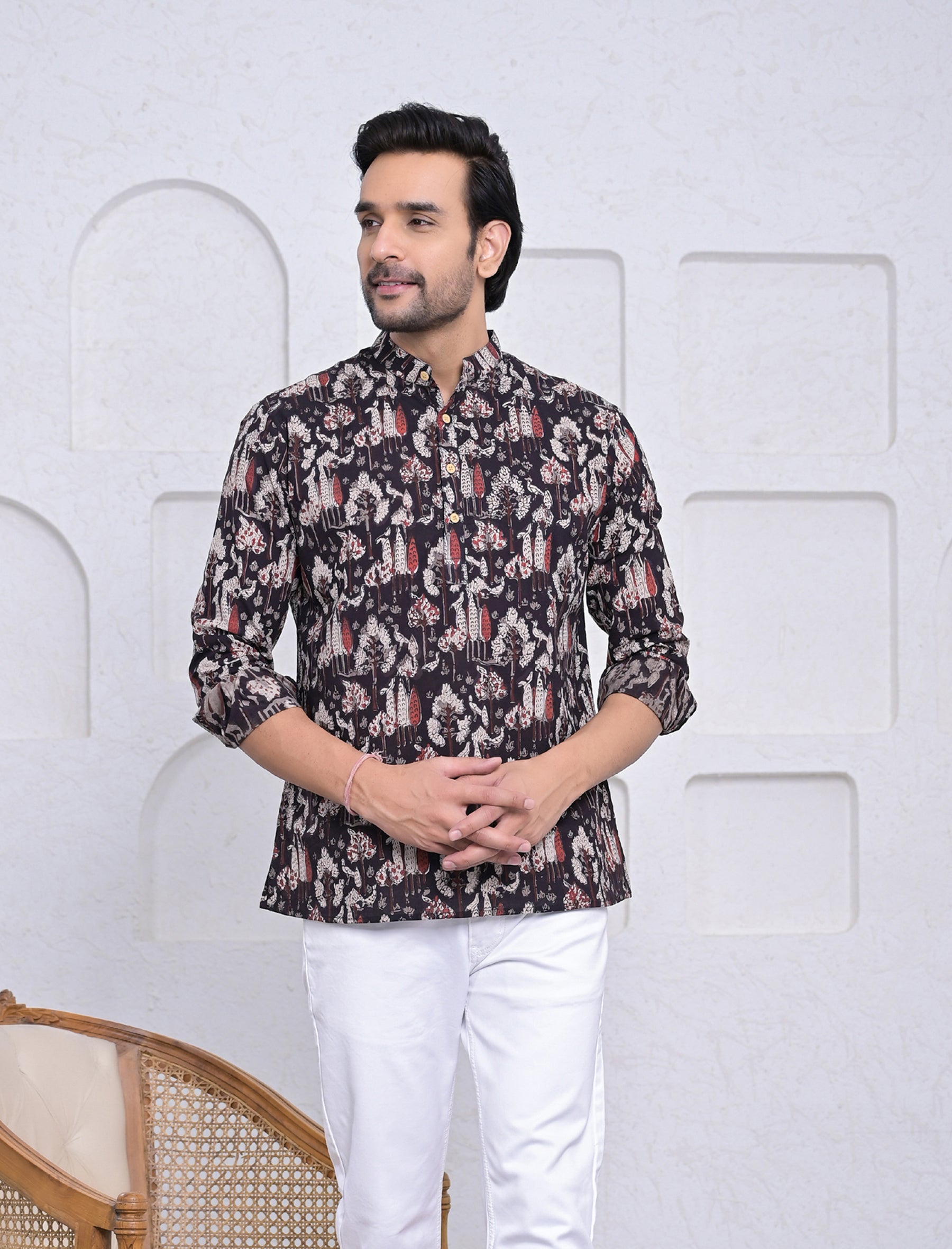 Cotton Printed Full Sleeves Short Kurta For Men