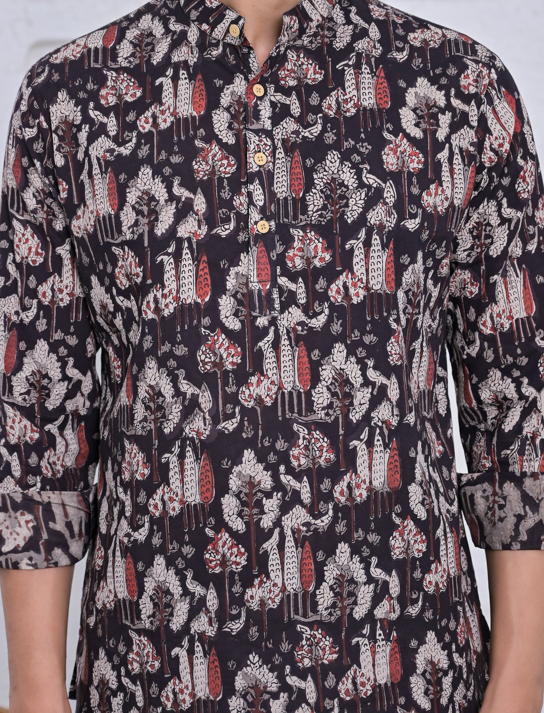 Cotton Printed Full Sleeves Short Kurta For Men