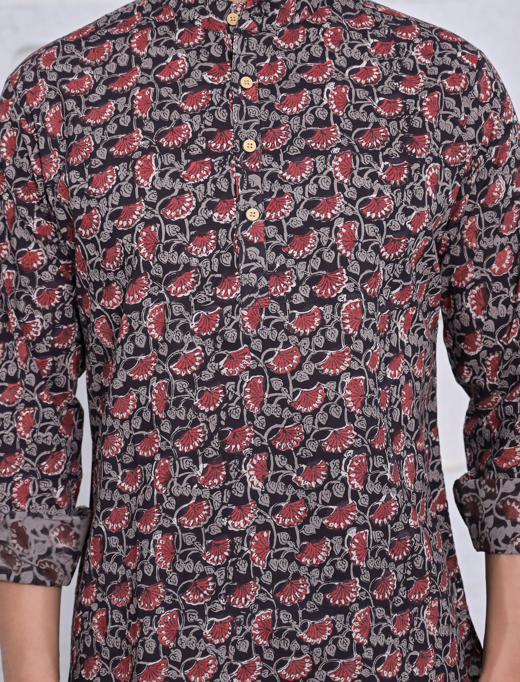 Cotton Printed Full Sleeves Short Kurta For Men