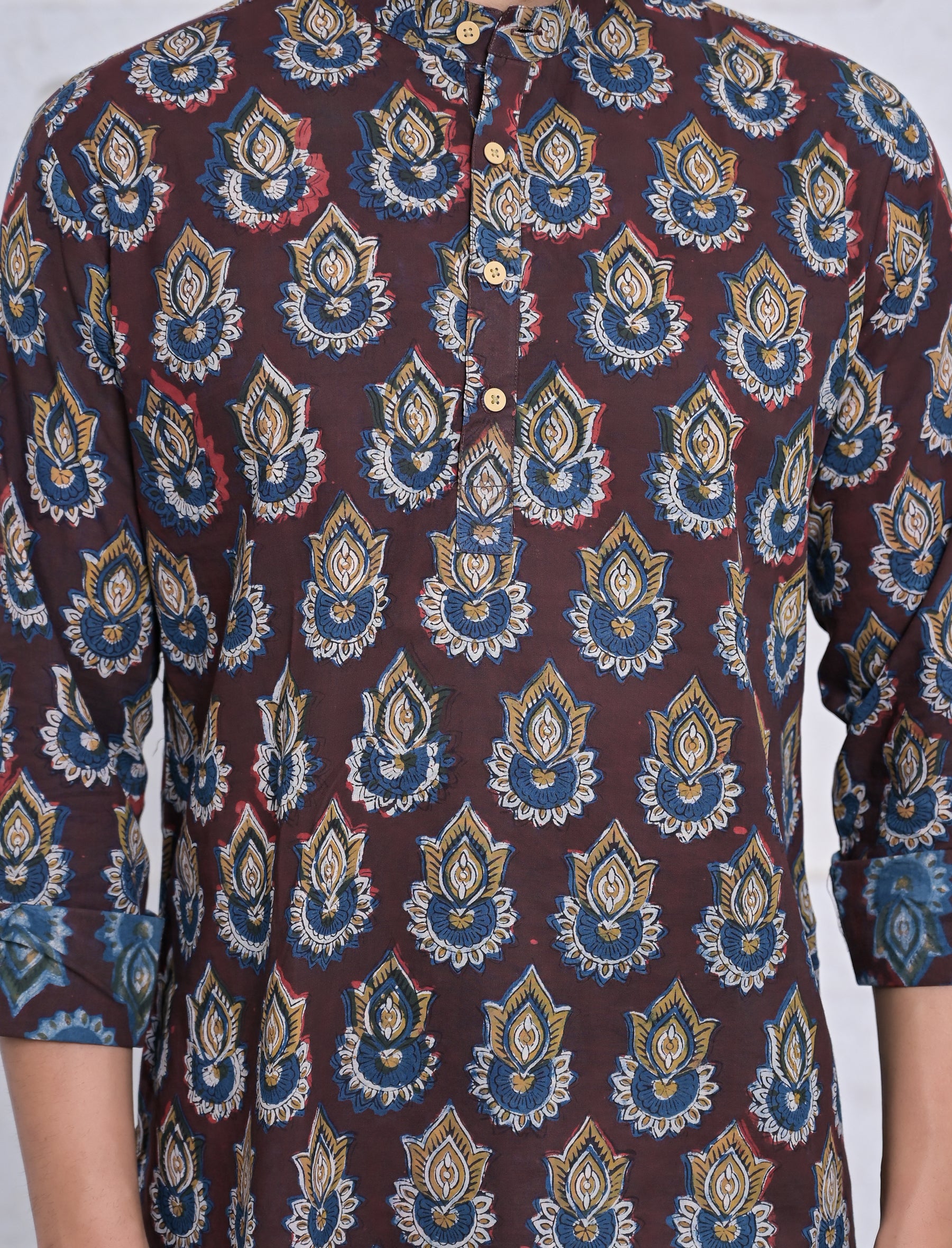 Cotton Printed Full Sleeves Short Kurta For Men