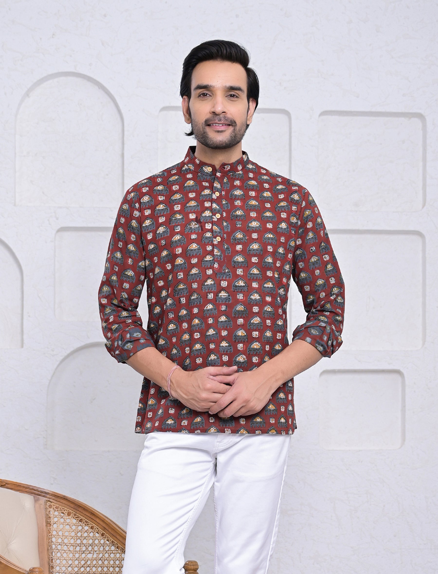 Cotton Printed Full Sleeves Short Kurta For Men