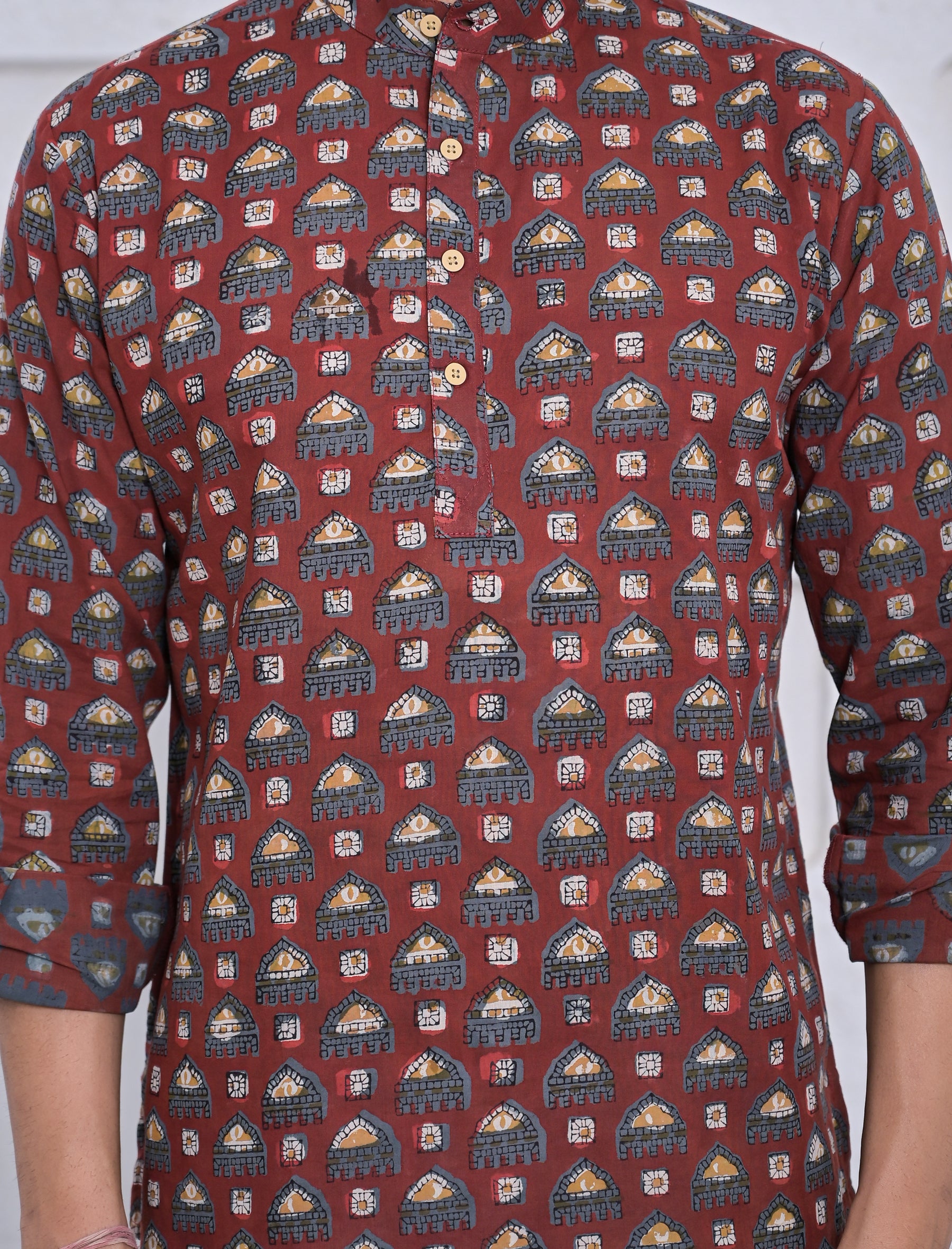 Cotton Printed Full Sleeves Short Kurta For Men