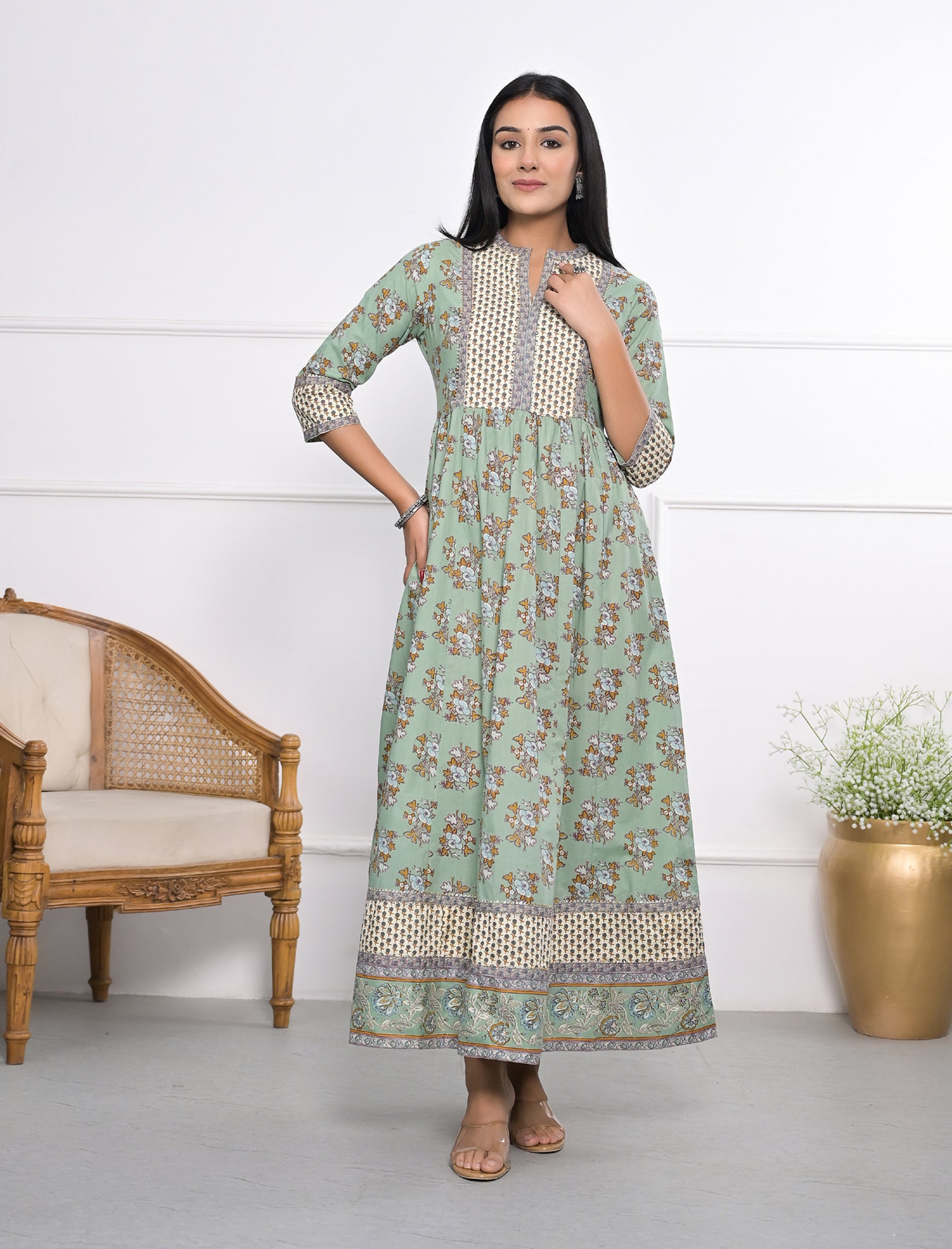 Pastel Long Block Printed Cotton Dress