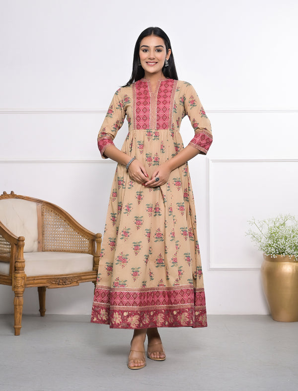 Pink Long Block Printed Cotton Dress