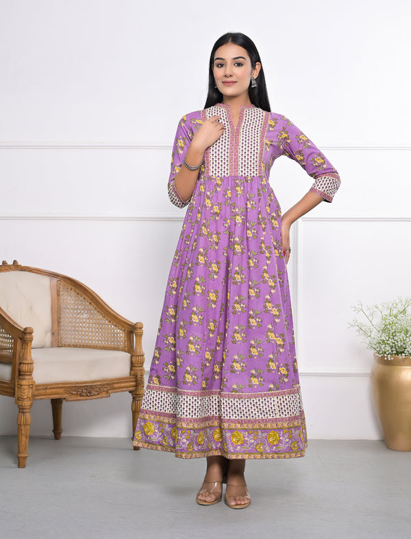 Purple Long Block Printed Cotton Dress