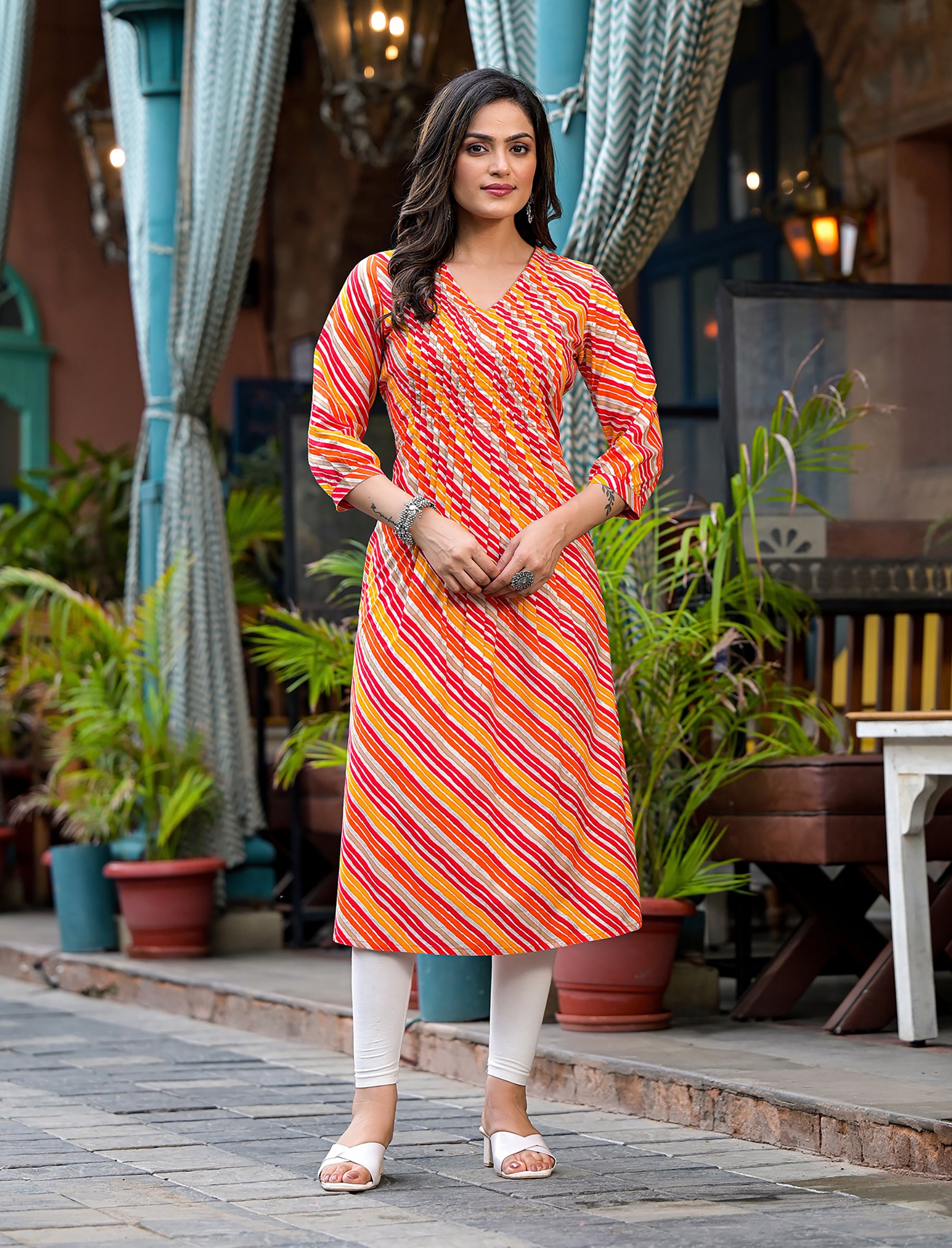 Orange Cotton Lehariya Straight Kurti