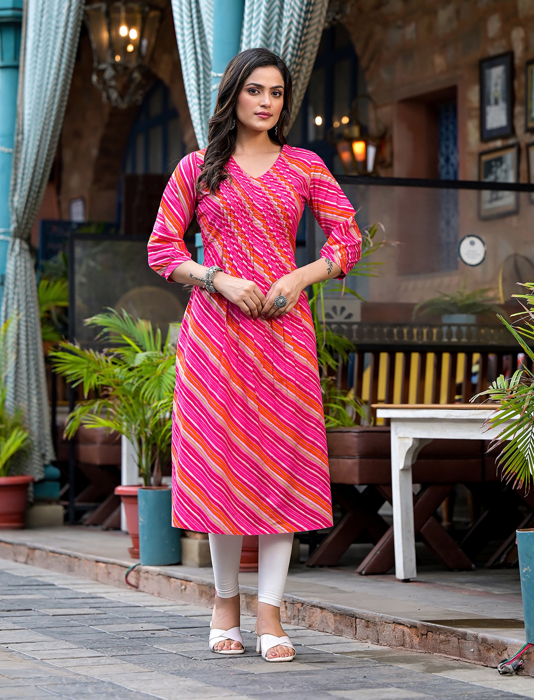 Peach Cotton Lehariya Straight Kurti