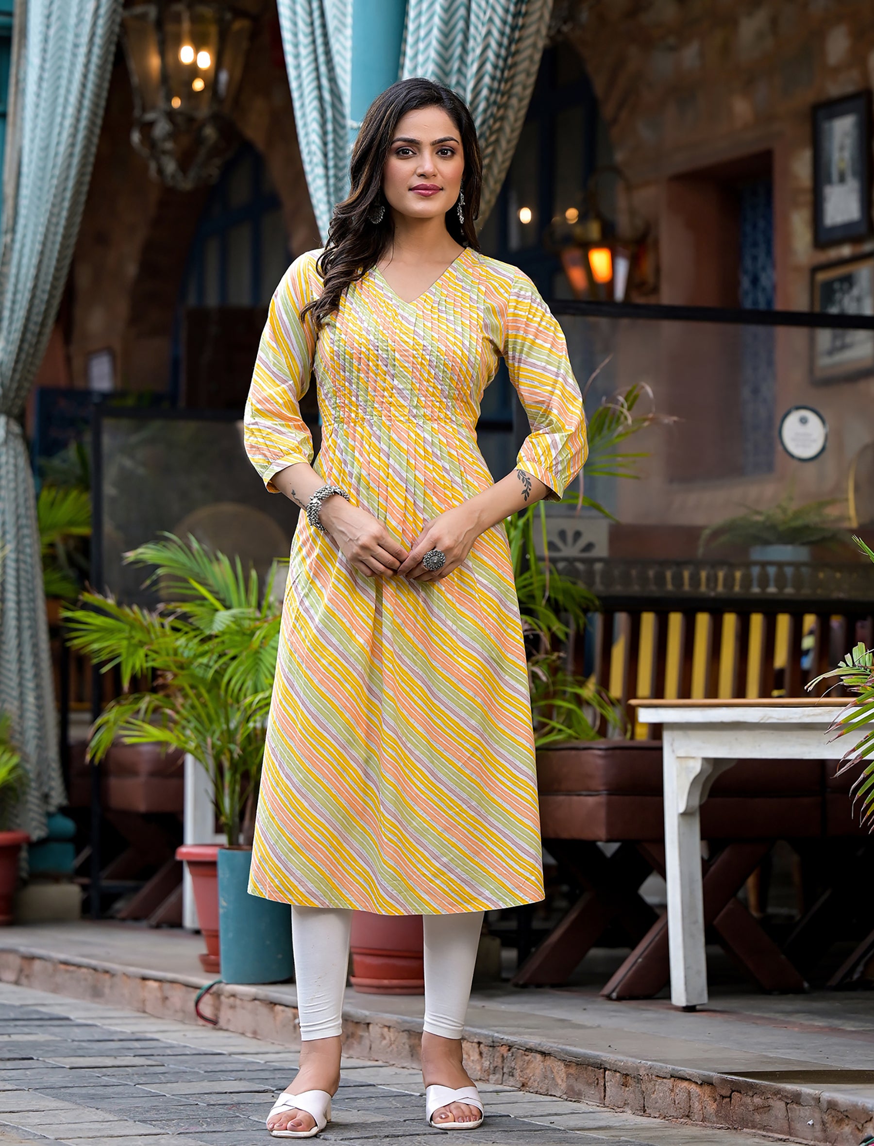 Yellow Cotton Lehariya Straight Kurti