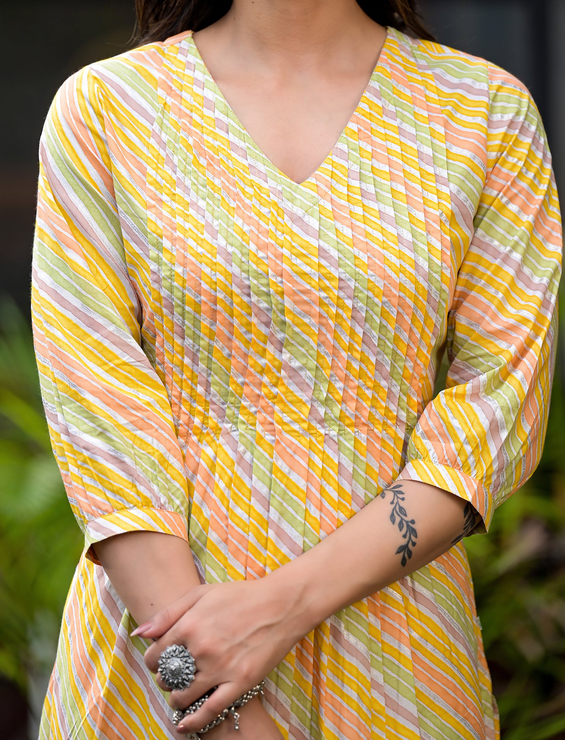 Yellow Cotton Lehariya Straight Kurti