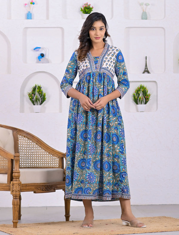 Hand Block Printed Blue Jaal Long Cotton Dress