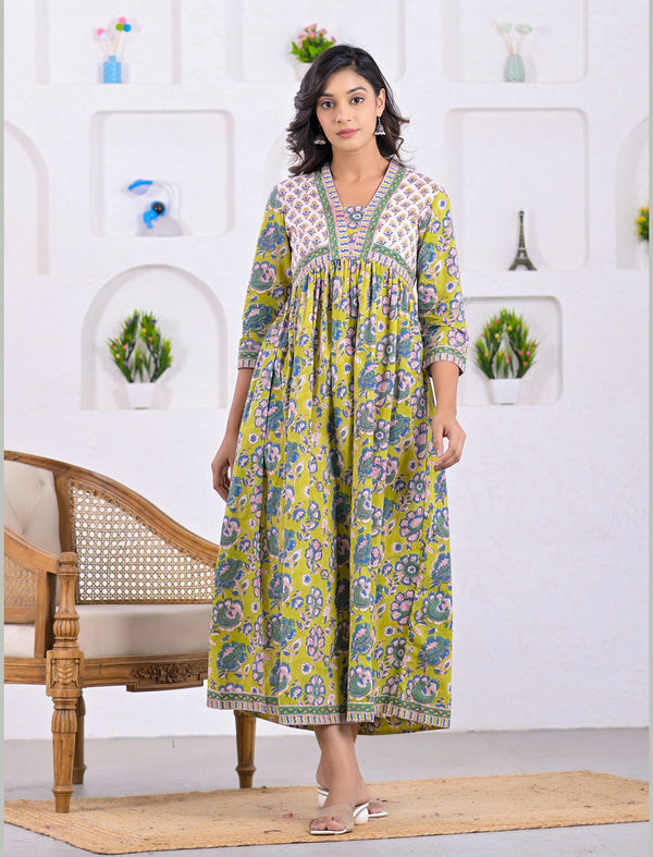 Hand Block Printed Green Long Cotton Dress