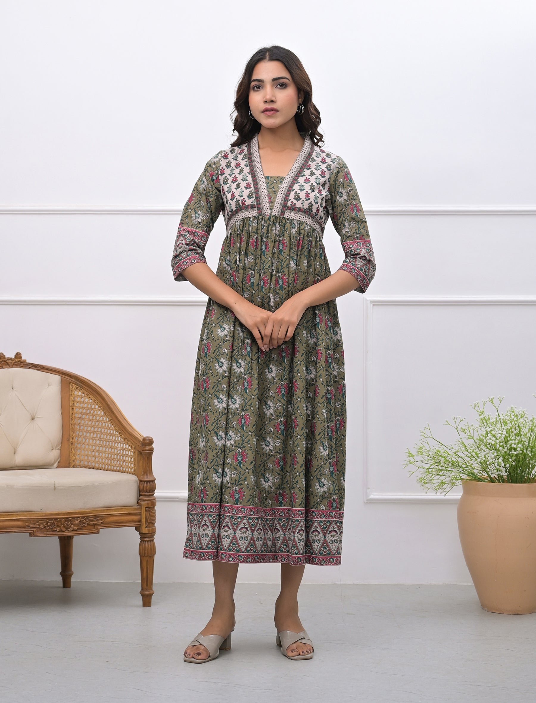 Green Jaal Block Printed Long Cotton Dress