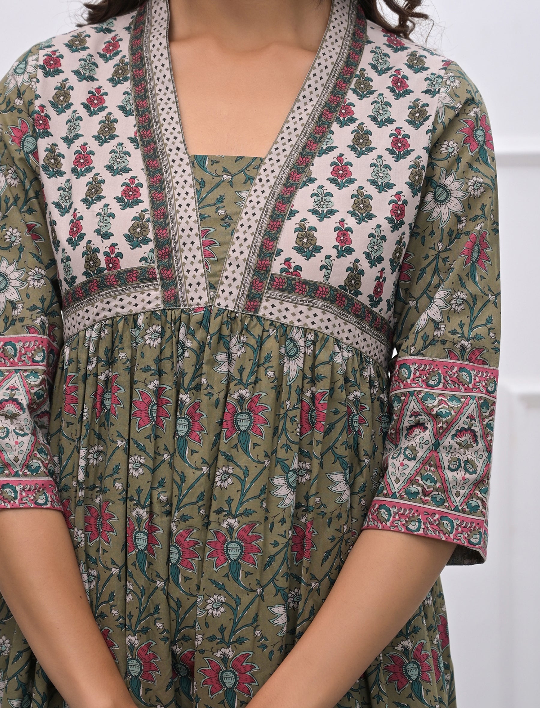 Green Jaal Block Printed Long Cotton Dress