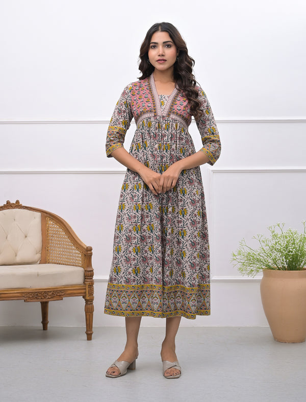 Peach Grey Jaal Block Printed Long Cotton Dress