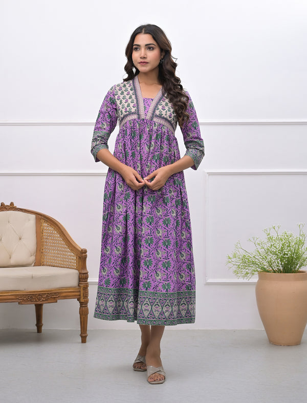 Purple Jaal Block Printed Long Cotton Dress