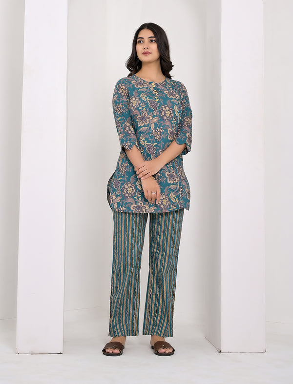 Blue Floral Printed Cotton Co-Ord Set