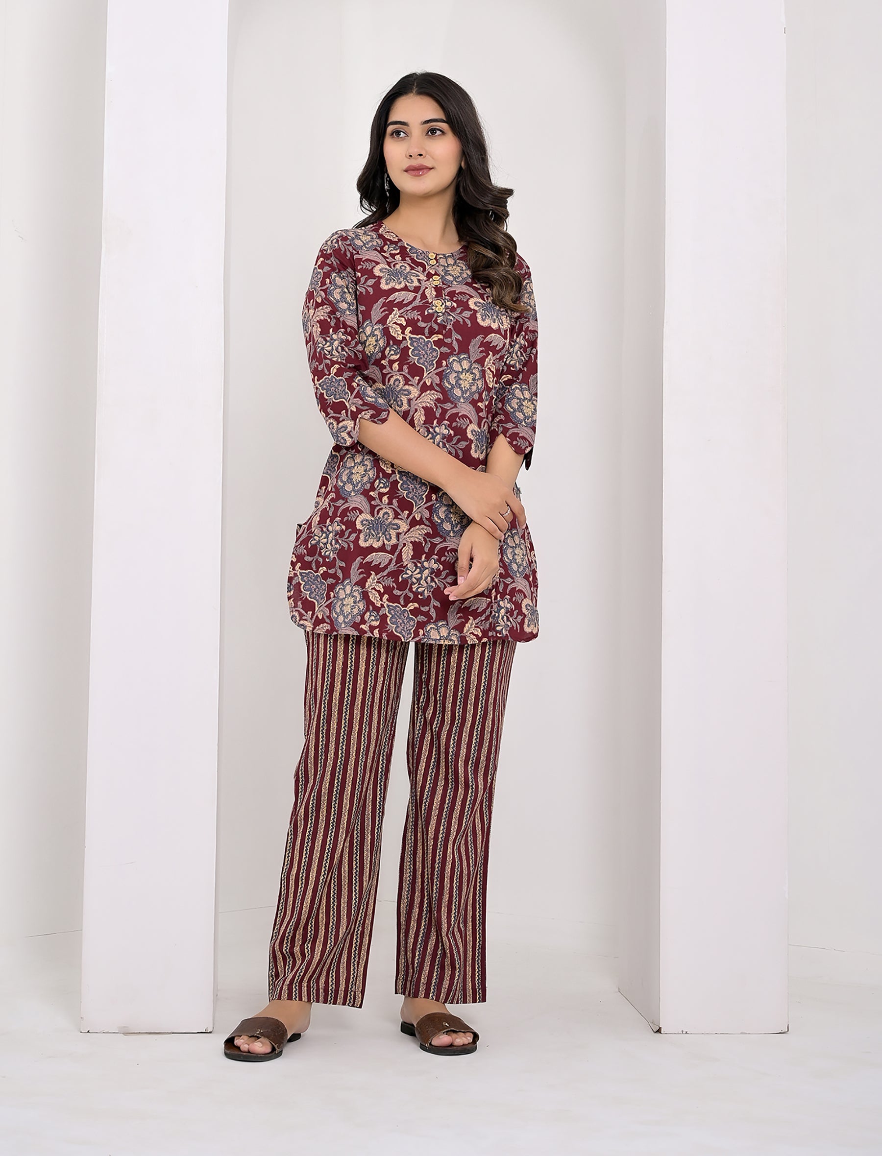 Maroon Flower Printed Cotton Co-Ord Set