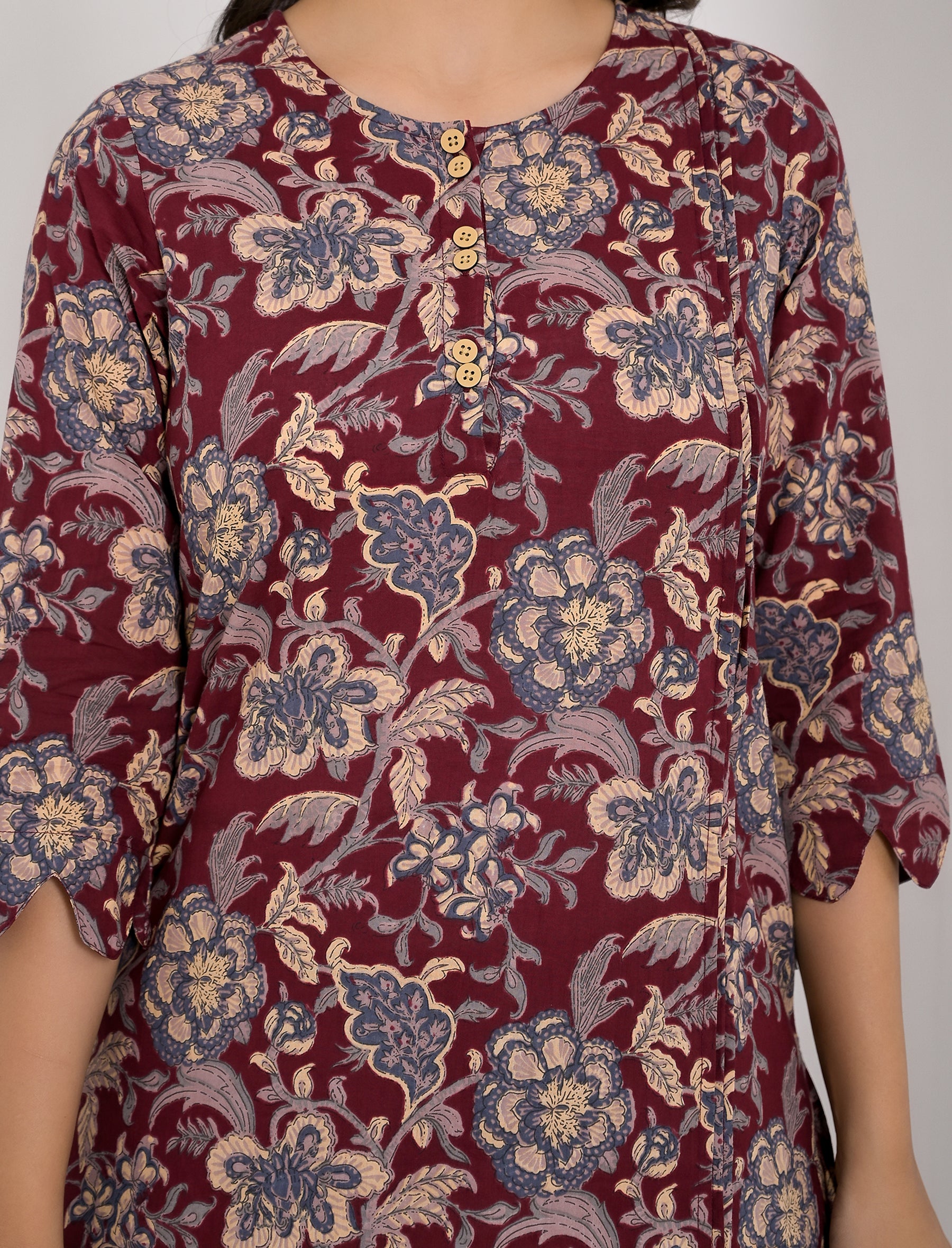 Maroon Flower Printed Cotton Co-Ord Set