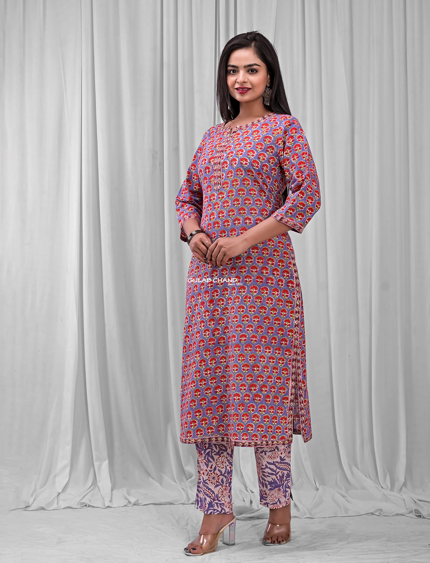 Blue Block Printed Cotton Kurta Pant Set