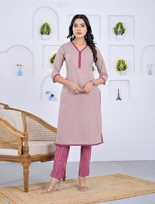 Pink Block Printed Cotton Pant Set