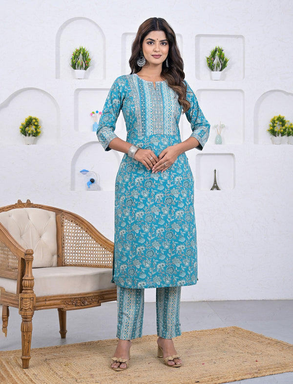 Blue Block Printed Cotton Pant Set