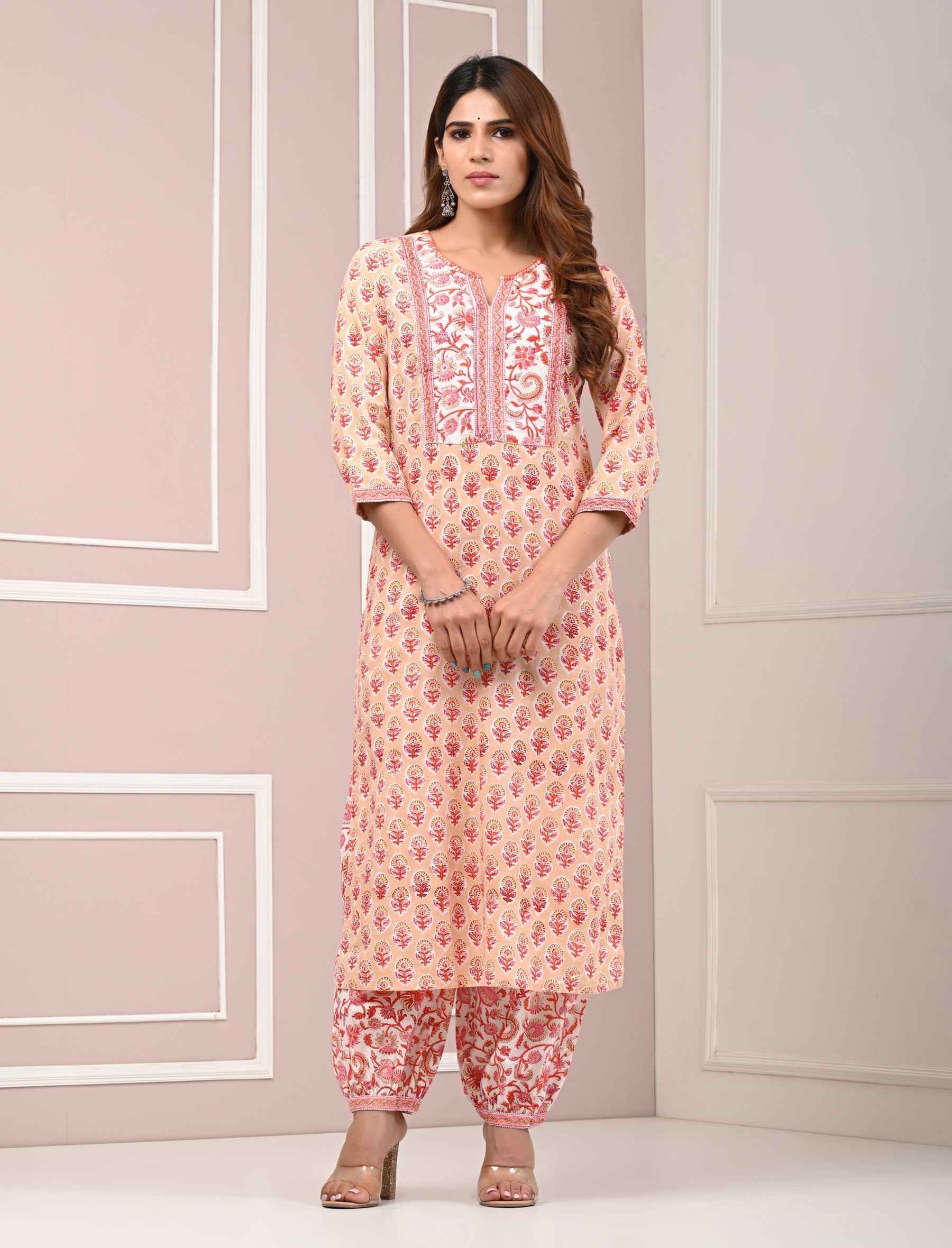 Beige Block Printed Cotton Kurta Pant Set