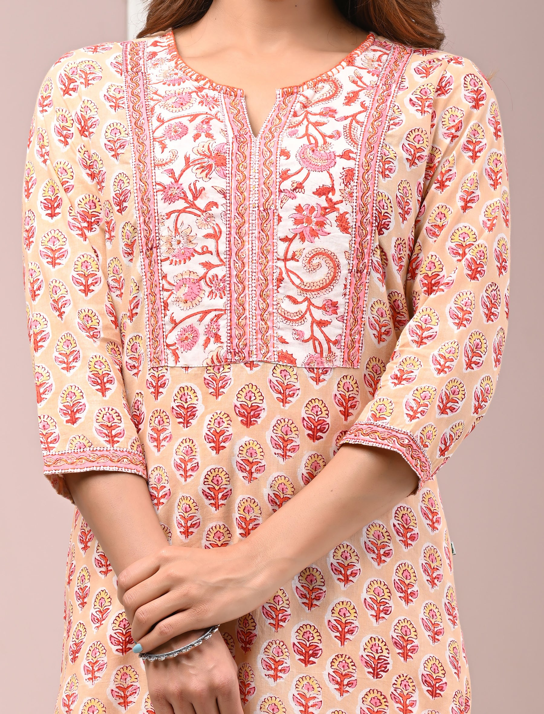 Beige Block Printed Cotton Kurta Pant Set