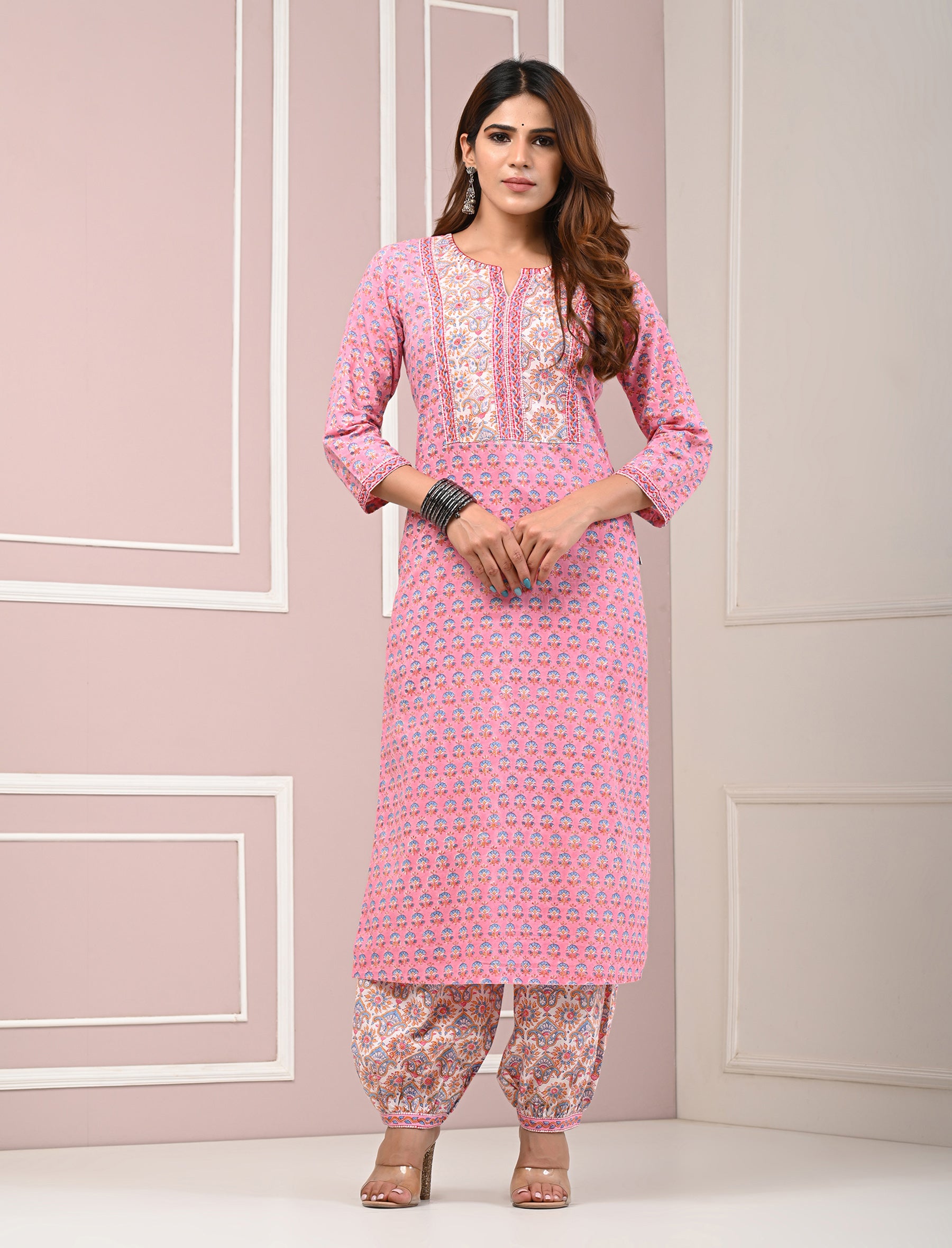 Pink Block Printed Cotton Kurta Pant Set