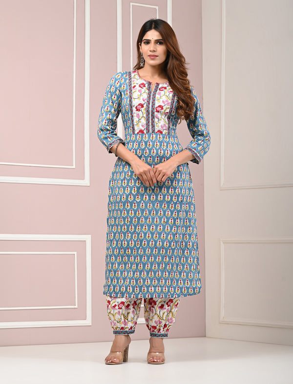 Sea Blue Block Printed Cotton Kurta Pant Set