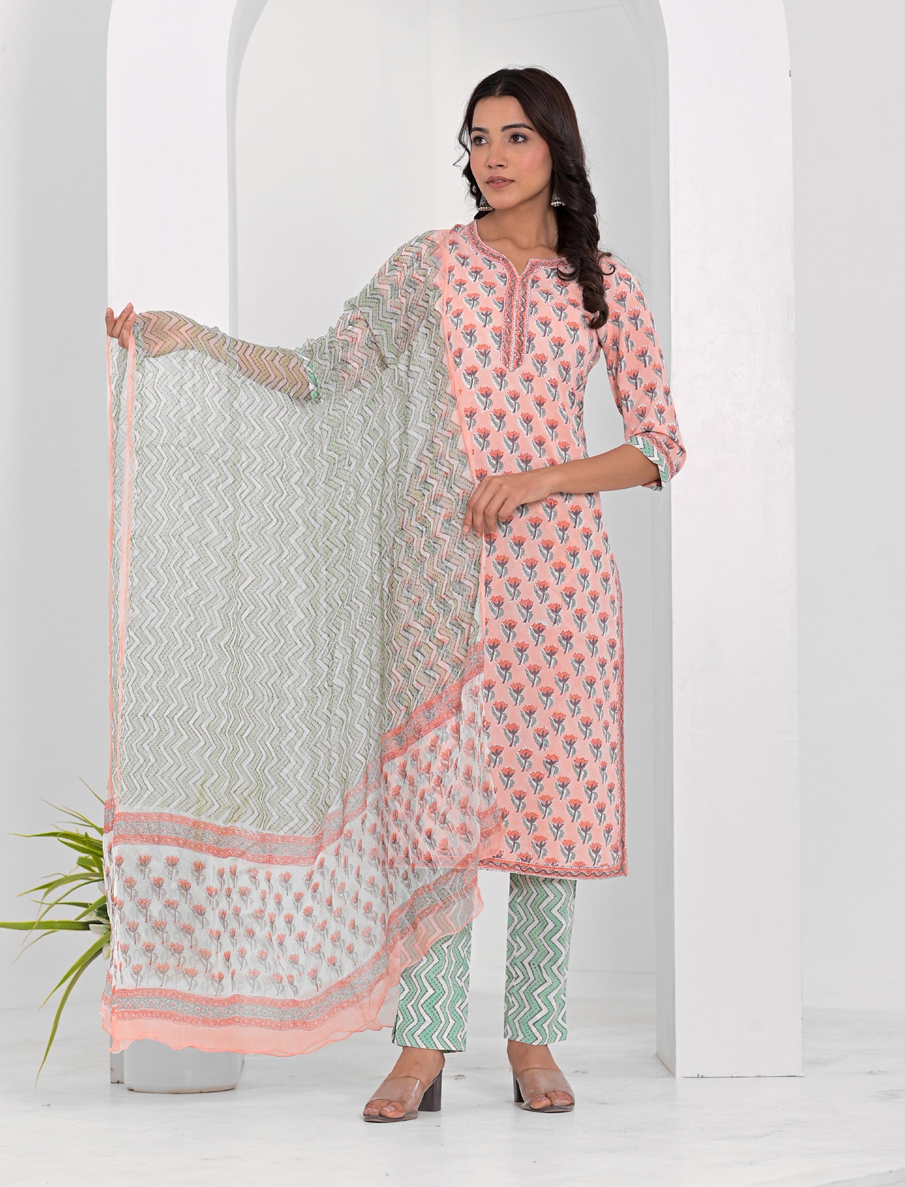 Baby Pink Block Printed Cotton Kurta Pant Set