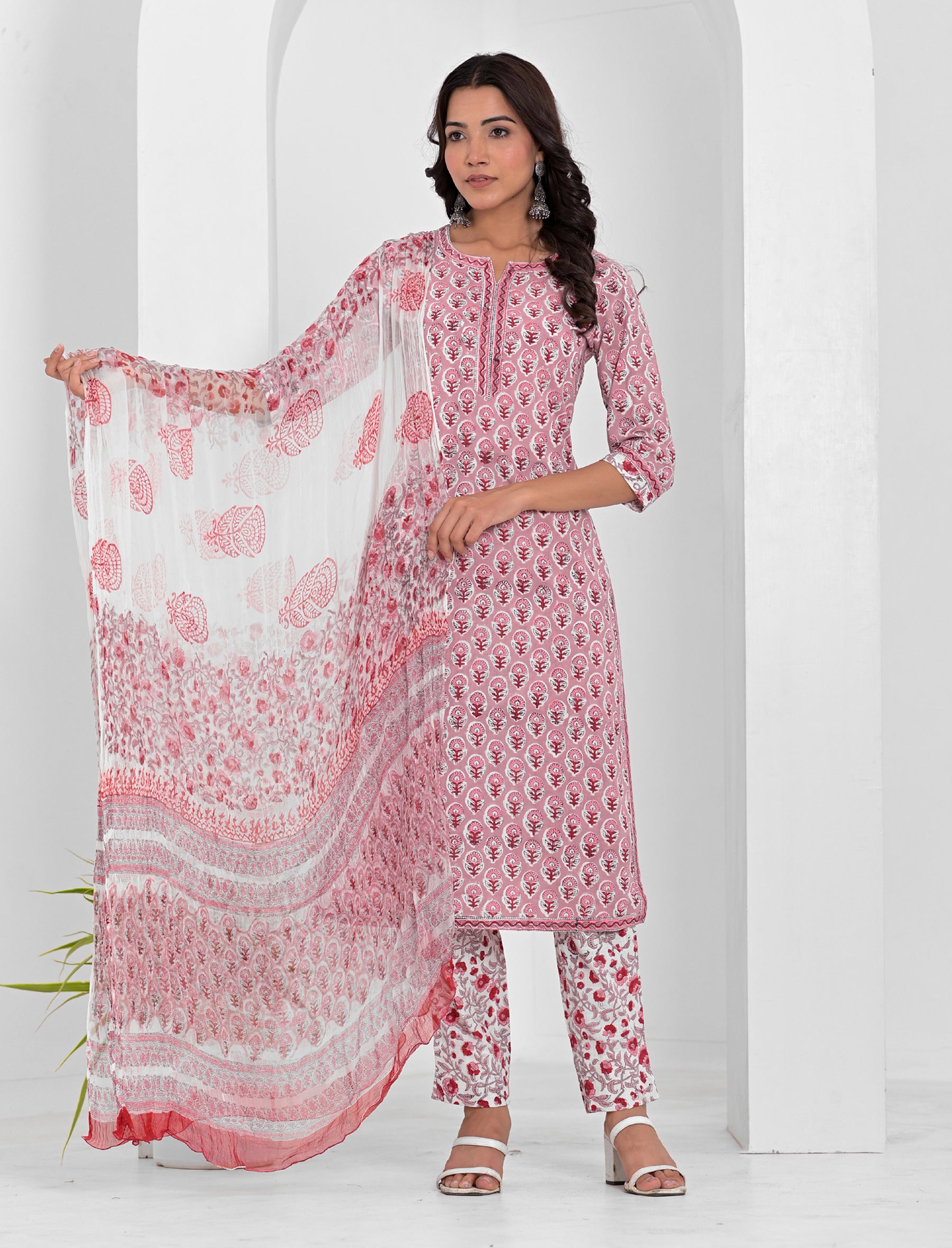 Beige Block Printed Cotton Kurta Pant Set