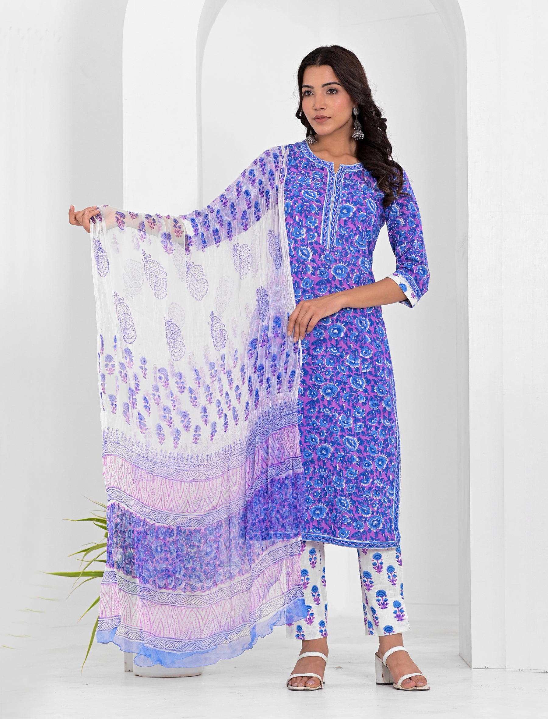 Blue Block Printed Cotton Kurta Pant Set