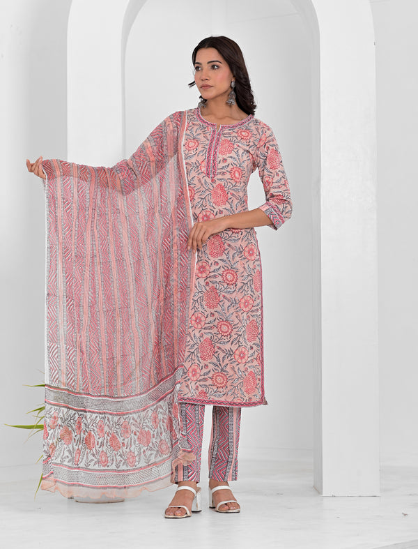 Peach Jaal Block Printed Cotton Kurta Pant Set