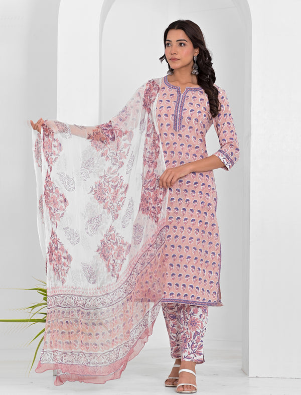 Peach Block Printed Cotton Kurta Pant Set