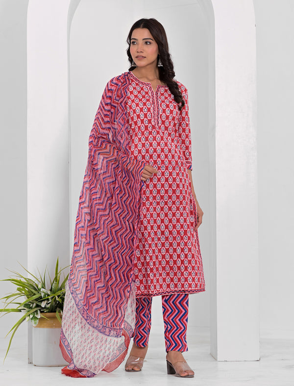 Red Block Printed Cotton Kurta Pant Set