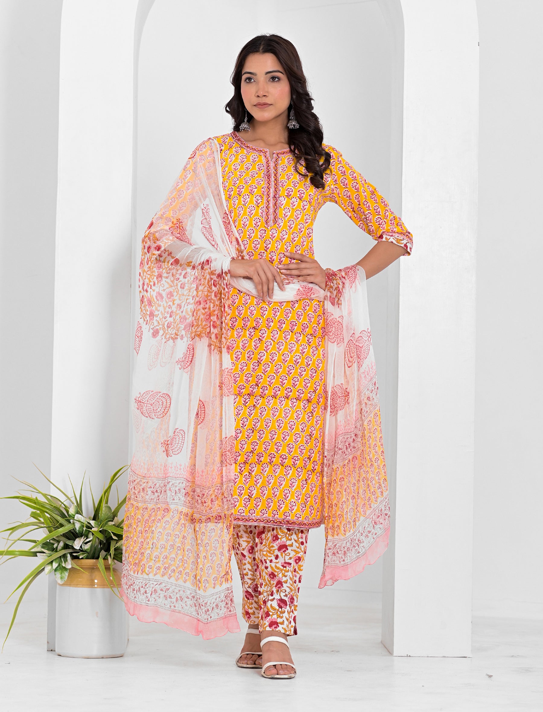 Yellow Block Printed Cotton Kurta Pant Set