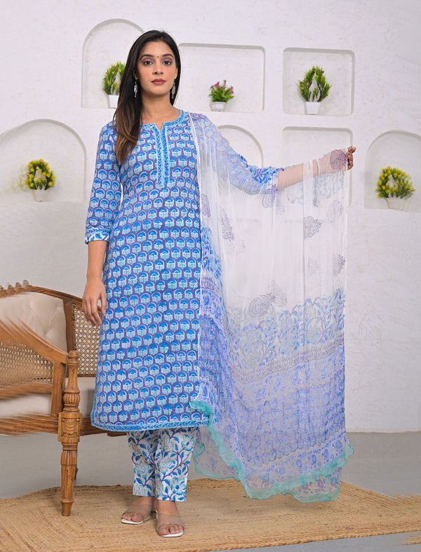 Blue Hand Block Printed Kurta Pant Set With Dupata'