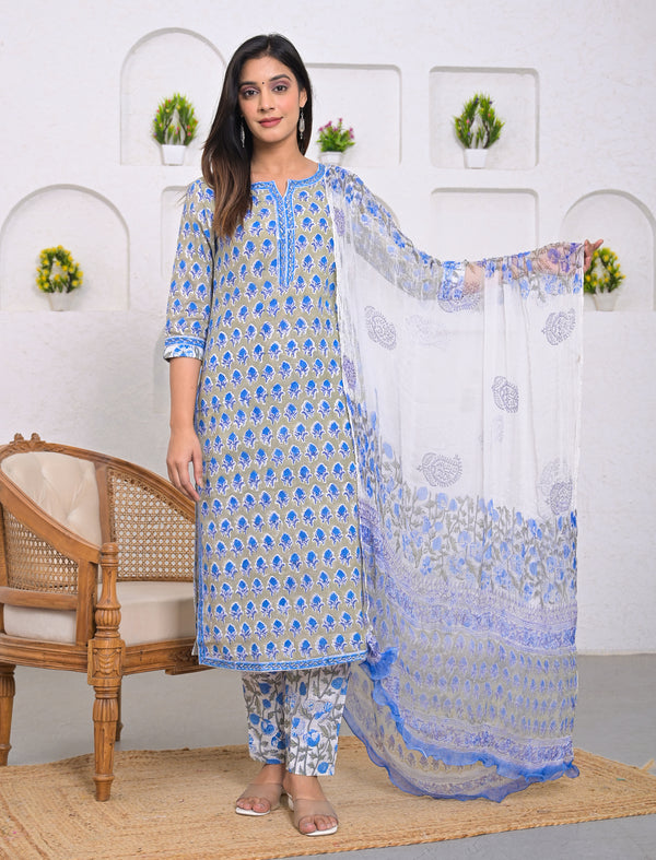 Grey Block Printed Cotton Kurta Pant Set