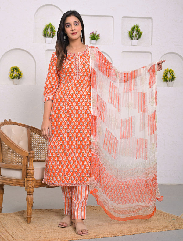 Orange Block Printed Cotton Kurta Pant Set