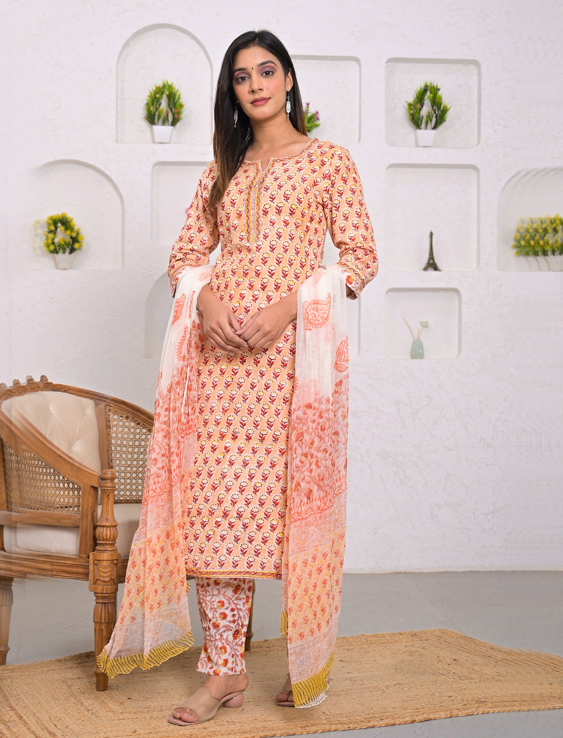 Peach Block Printed Cotton Kurta Pant Set