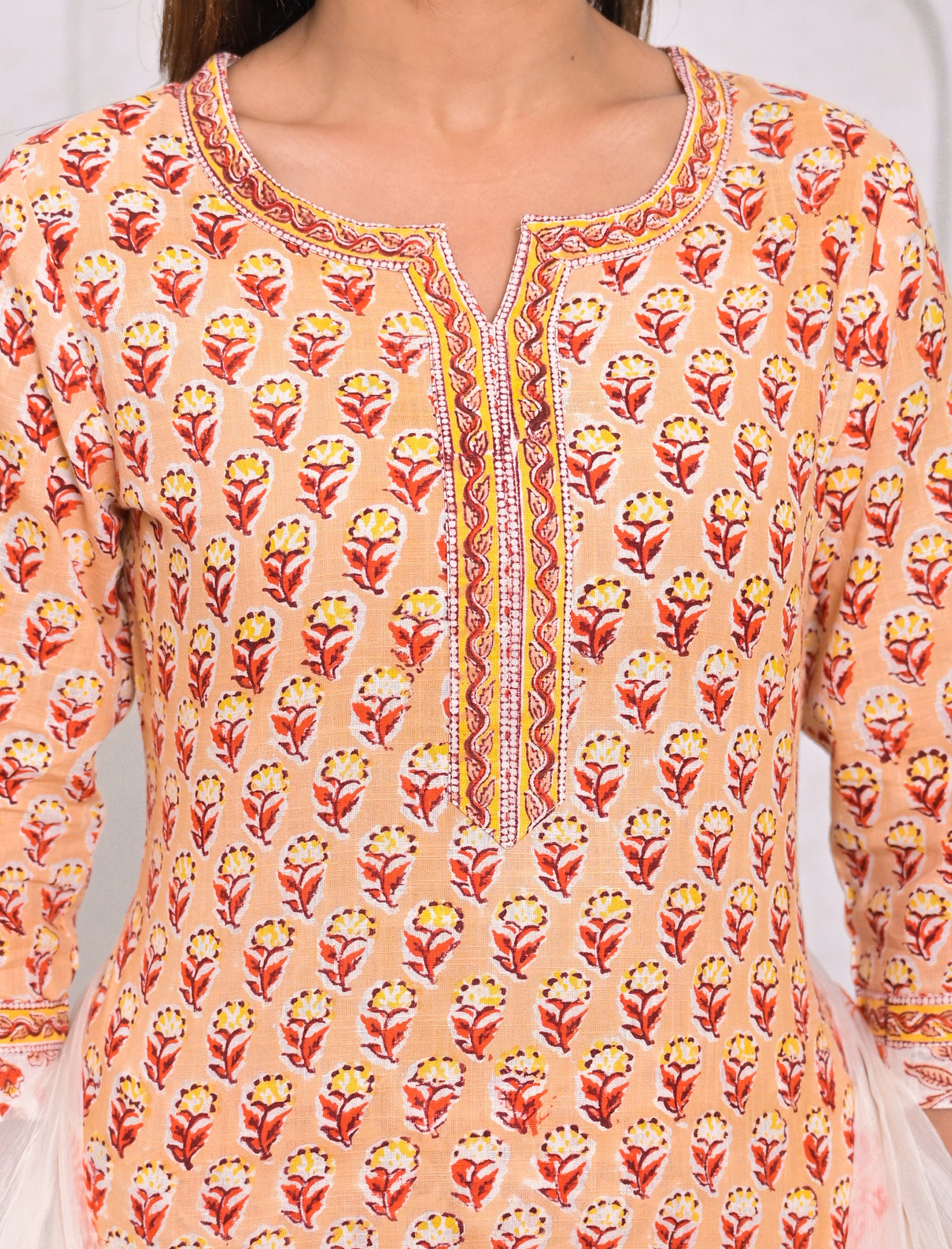 Peach Block Printed Cotton Kurta Pant Set