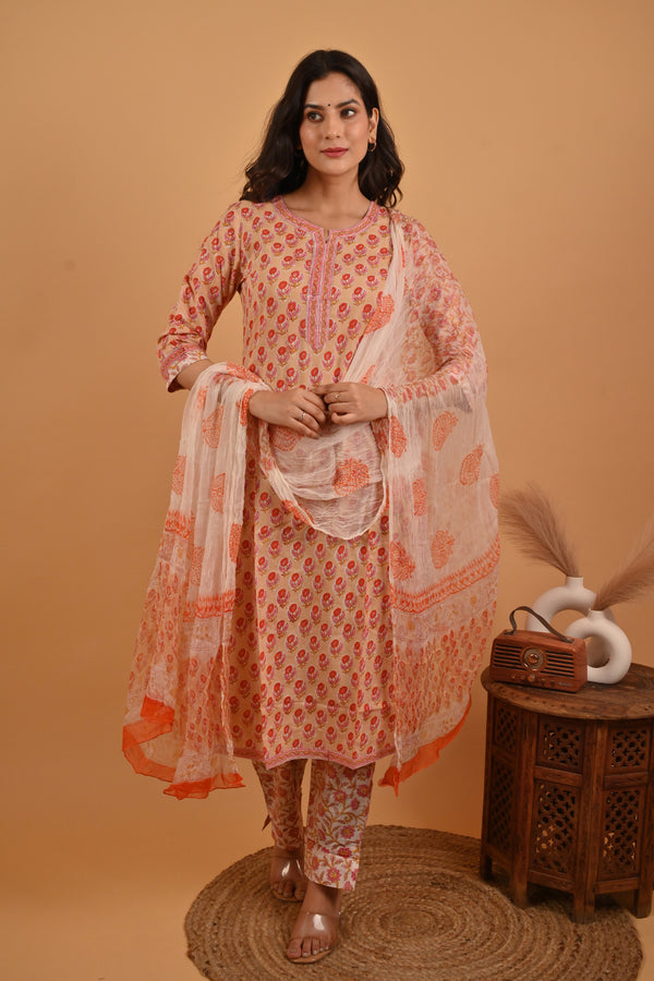 Beige Block Printed Cotton Kurta Pant Set