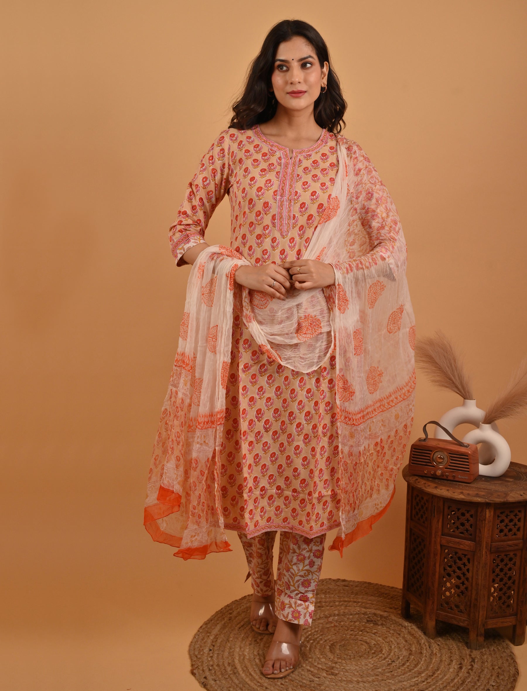 Beige Block Printed Cotton Kurta Pant Set