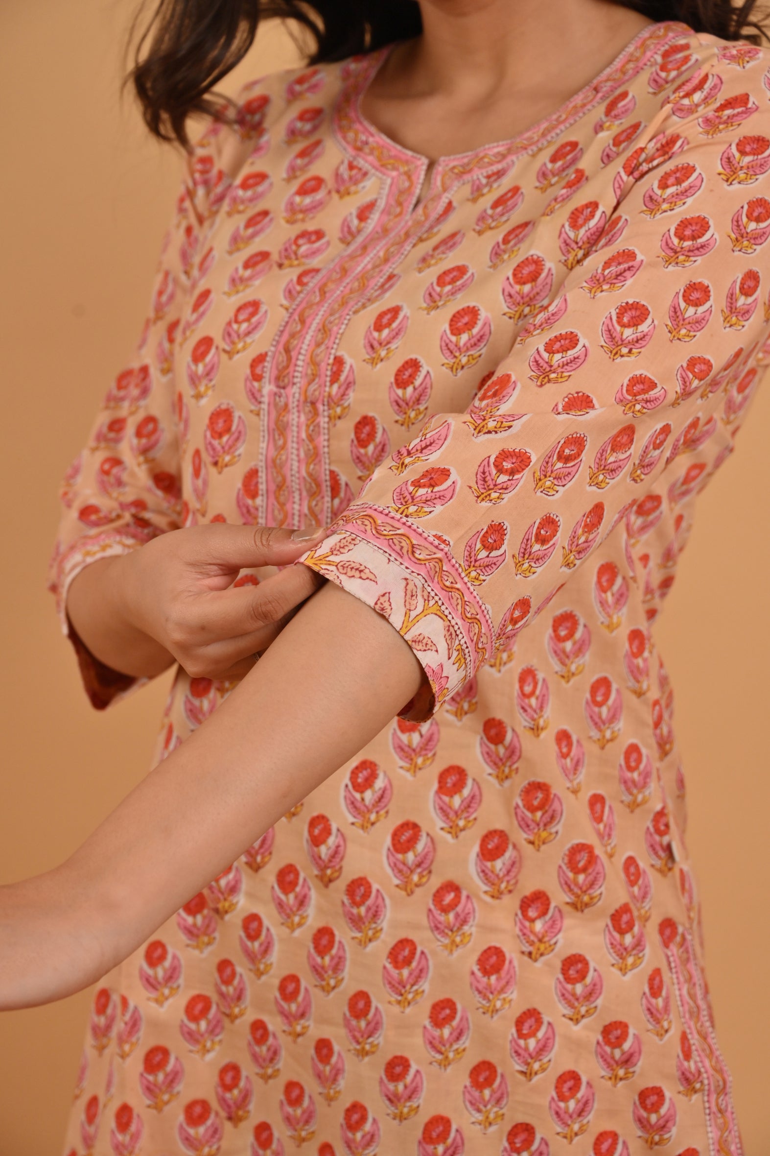 Beige Block Printed Cotton Kurta Pant Set