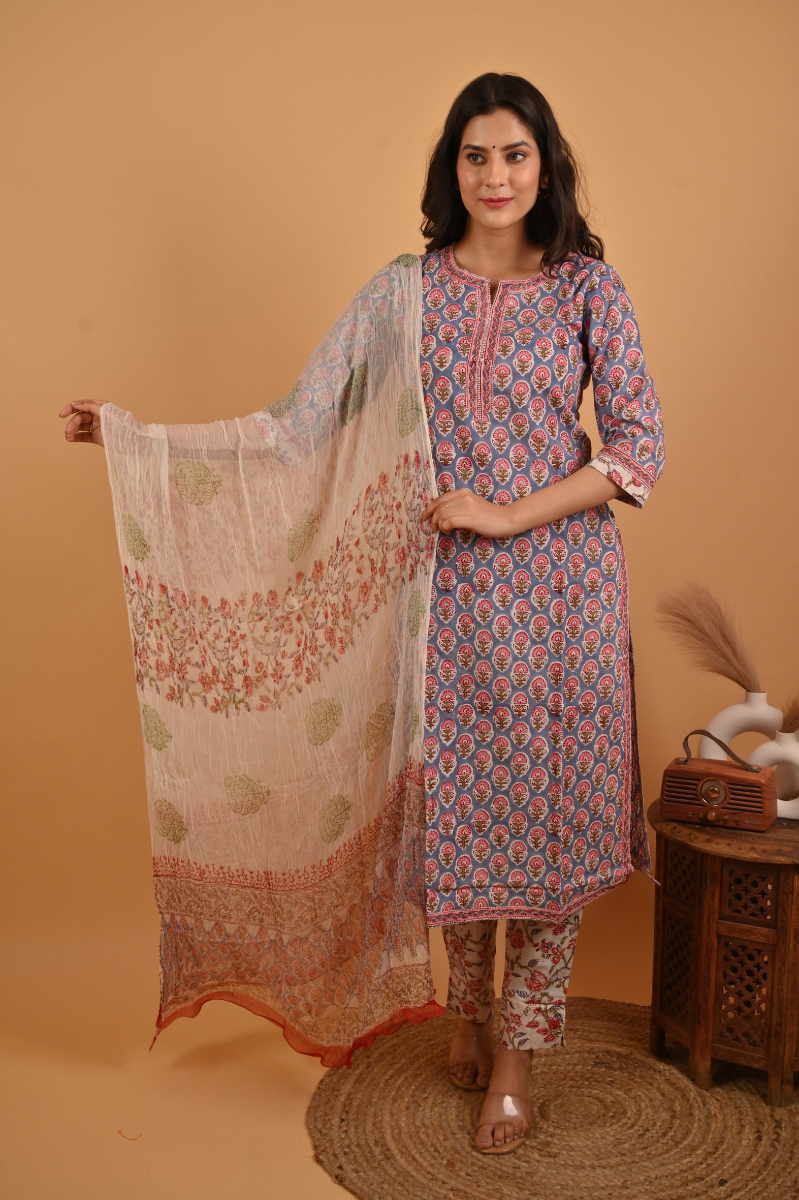 Blue Block Printed Cotton Kurta Pant Set